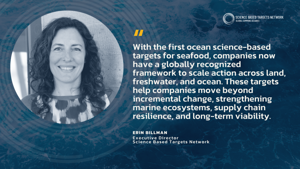 A quote and photo of Erin Billman with a photo of an ocean in the background.
Quote text:
"With the first ocean science-based targets for seafood, companies now have a globally recognized framework to scale action across land, freshwater, and ocean. These targets help companies move beyond incremental change, strengthening marine ecosystems, supply chain resilience, and long-term viability."
— Erin Billman, Executive Director, Science Based Targets Network